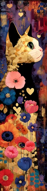 Cat bookmarks featuring a side view gold cat with colorful flowers